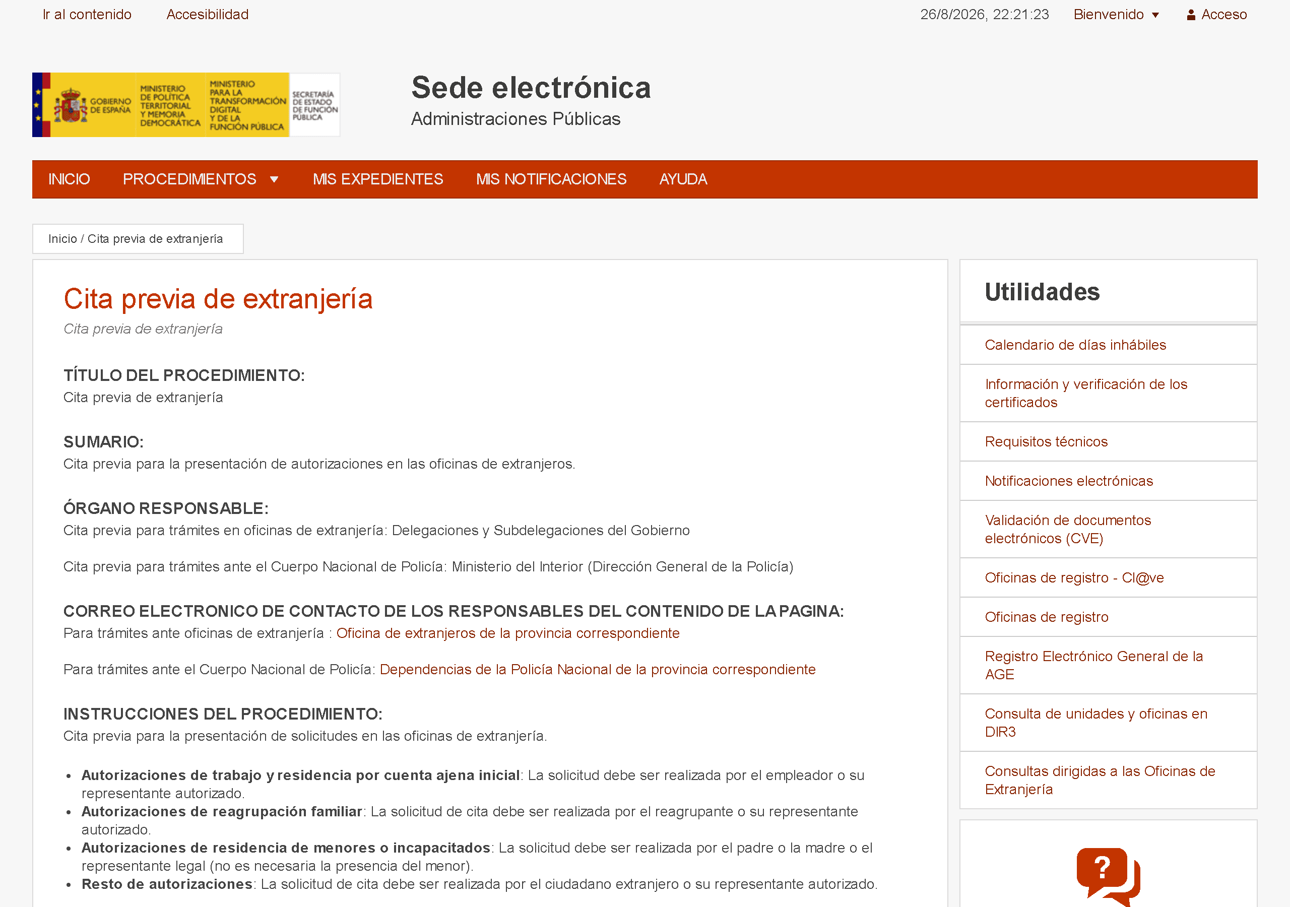 The Cita previa de extranjería page on the Spanish public administration's electronic office, listing the responsible bodies and the instructions for each type of authorisation.